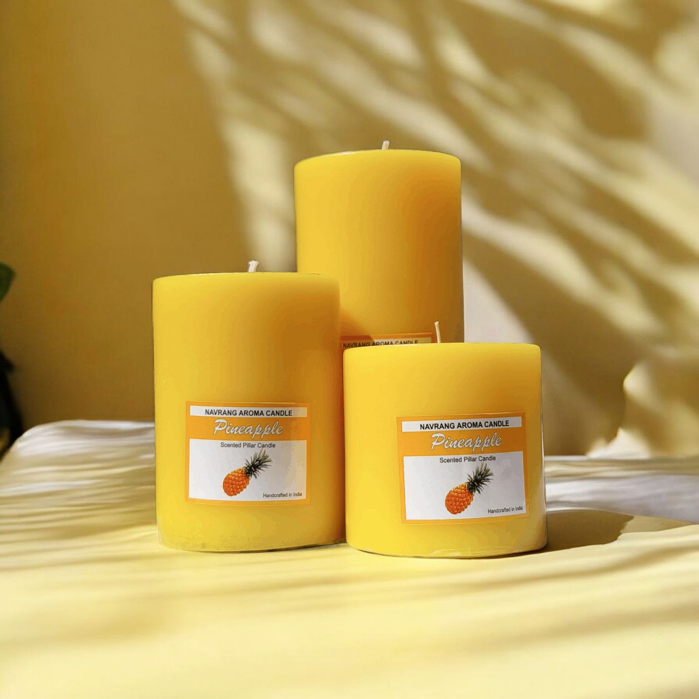 Set of 3 Decorative Scented Pillar Candles || Pineapple Fragrance || Yellow Round Candles for Home Décor & Gifting || Sizes 3x3, 3x4, 3x6 Inches