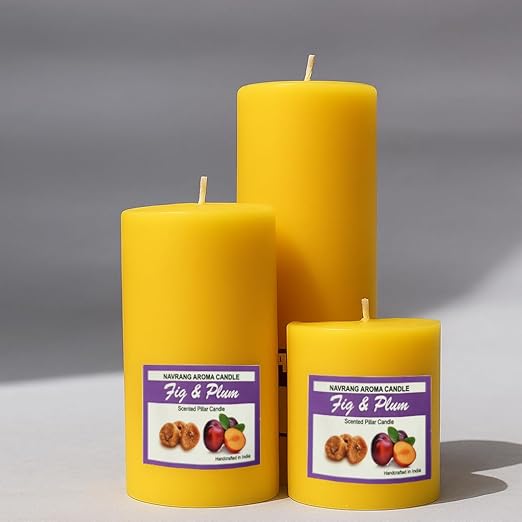 Set of 3 Scented Pillar Candles – Fig & Plum Fragrance – Yellow Round Soy Wax Candles (3x3, 3x4, 3x6 in) for Home Decor & Gifting – Long Burning & Smokeless – THE REMEDIAL STORE