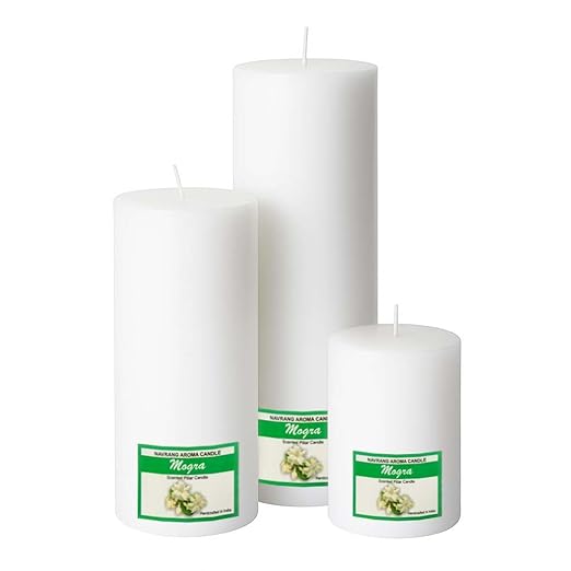 Set of 3 Scented Pillar Candles | Mogra Round Soy Wax Candles | 2x2, 2x4, 2x6 Inches Candle || The Remedial Store