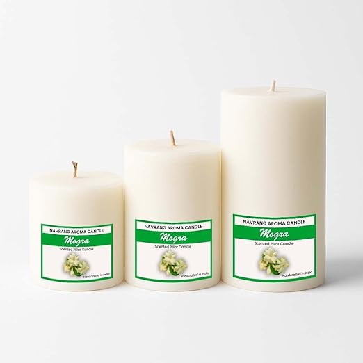 Set of 3 Decorative Scented Pillar Candles || Sizes 3x3, 3x4, 3x6 Inches || The Remedial Store (Mogra)
