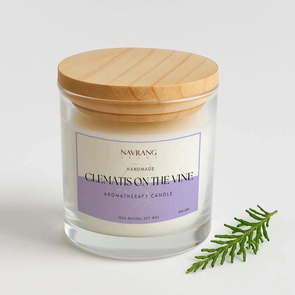 Clematis On The Vine Plain Glass Jar Candle with Lid – 200g Handmade Aromatherapy Candle  | Navrang Aroma Candles