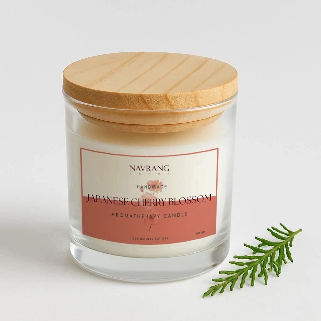 Japanese cherry blossom Plain Glass Jar Candle with Lid – 200g Handmade Aromatherapy Candle  | Navrang Aroma Candles